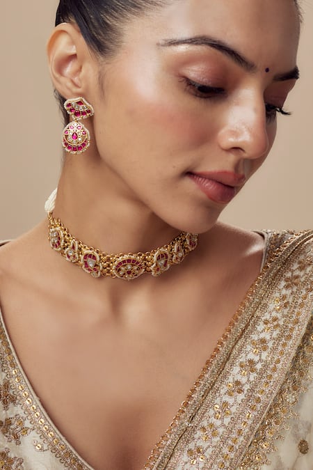 Buy_Vivinia By Vidhi Mehra_Gold Plated Beads, Stones And Pink Beaded Jewellery Set 