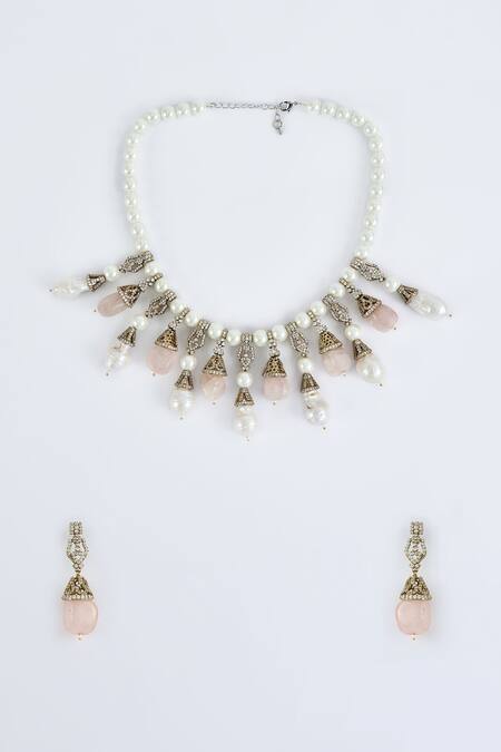 Vivinia By Vidhi Mehra_Gold Plated Pearls And Pink Jewelry Set _Online_at_Aza_Fashions
