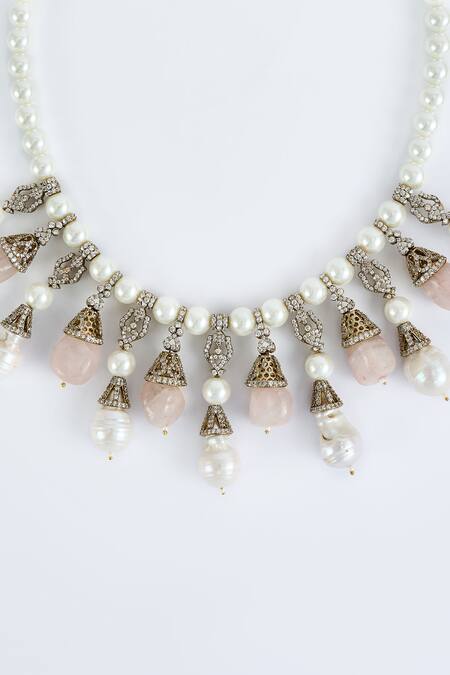 Shop_Vivinia By Vidhi Mehra_Gold Plated Pearls And Pink Jewelry Set _Online_at_Aza_Fashions