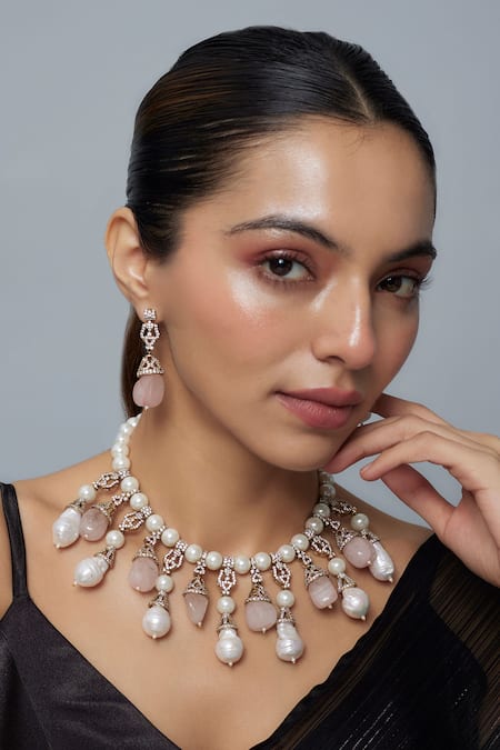 Vivinia By Vidhi Mehra Gold Plated Pearls And Pink Jewelry Set