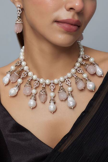 Buy_Vivinia By Vidhi Mehra_Gold Plated Pearls And Pink Jewelry Set 