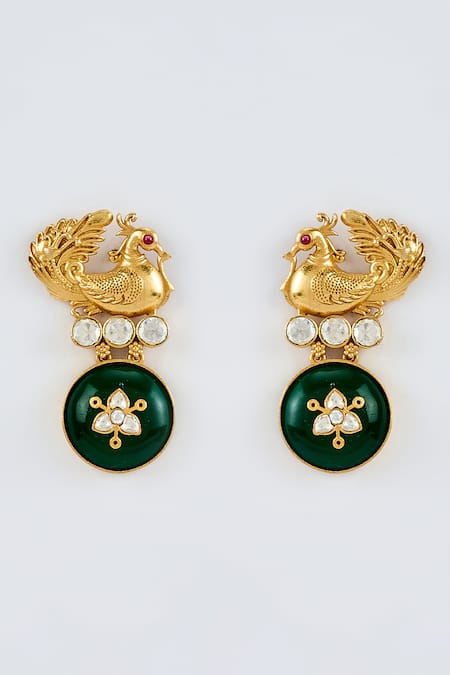 Vivinia By Vidhi Mehra_Gold Plated Imitation Diamonds And Green Kundan Polki Danglers _Online_at_Aza_Fashions