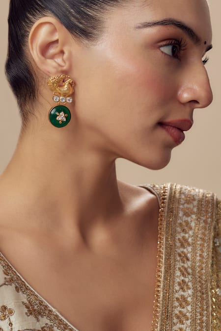 Shop_Vivinia By Vidhi Mehra_Gold Plated Imitation Diamonds And Green Kundan Polki Danglers _Online_at_Aza_Fashions