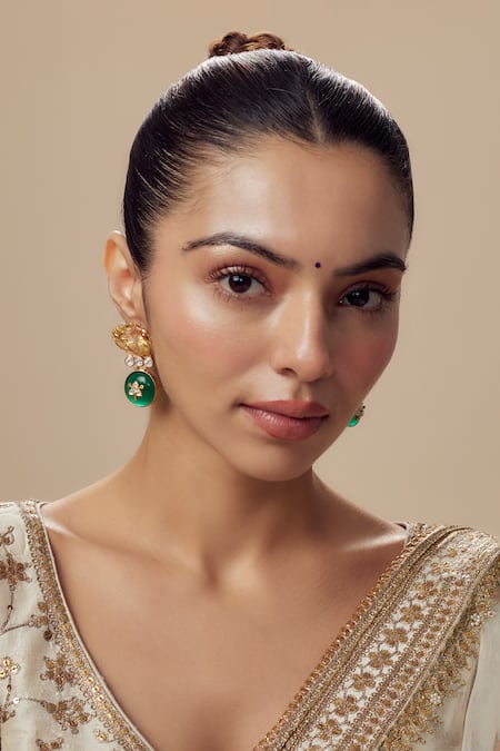Vivinia By Vidhi Mehra Gold Plated Imitation Diamonds And Green Kundan Polki Danglers