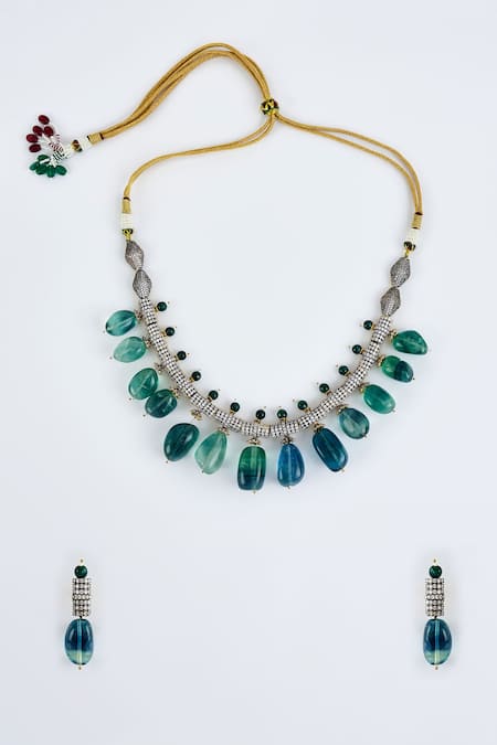 Shop Vivinia By Vidhi Mehra Green Zari Emerald Synthetic Designer Jewellery Set at Aza Fashions Shop_Vivinia By Vidhi Mehra_Green Zari Emerald Synthetic Designer Jewellery Set _at_Aza_Fashions