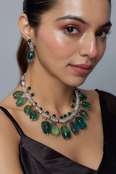 Buy Vivinia By Vidhi Mehra Green Zari Emerald Synthetic Designer Jewellery Set Online at Aza Fashions Buy_Vivinia By Vidhi Mehra_Green Zari Emerald Synthetic Designer Jewellery Set _Online_at_Aza_Fashions