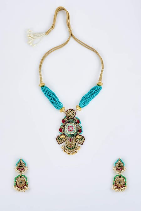 Vivinia By Vidhi Mehra_Multi Color Beads Necklace And Earring Set _Online_at_Aza_Fashions