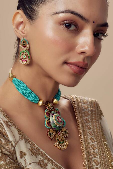 Vivinia By Vidhi Mehra_Multi Color Beads Necklace And Earring Set _at_Aza_Fashions