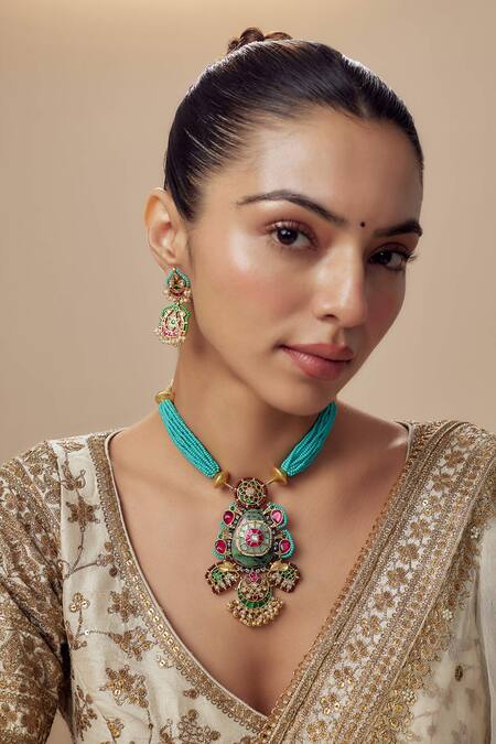 Buy_Vivinia By Vidhi Mehra_Multi Color Beads Necklace And Earring Set 