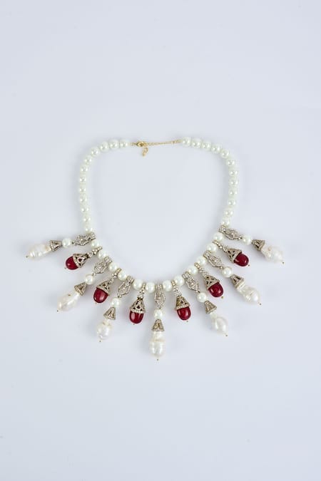 Vivinia By Vidhi Mehra_Silver Plated Pearls Designer And Red Stone Jewelry Set _Online_at_Aza_Fashions