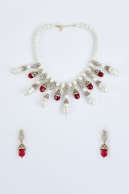 Shop_Vivinia By Vidhi Mehra_Silver Plated Pearls Designer And Red Stone Jewelry Set _Online_at_Aza_Fashions