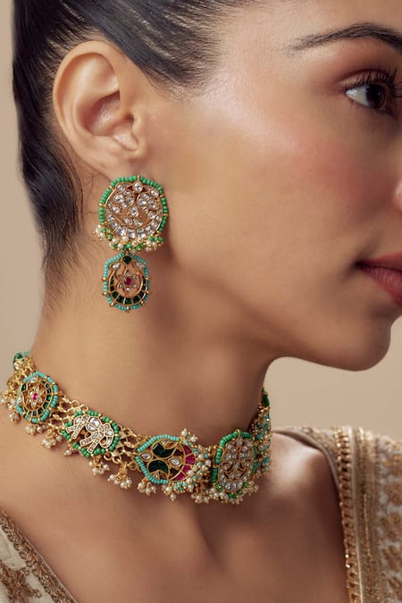 Buy_Vivinia By Vidhi Mehra_Gold Plated Imitation Diamonds Kundan Polki Necklace And Earring Set _Online_at_Aza_Fashions