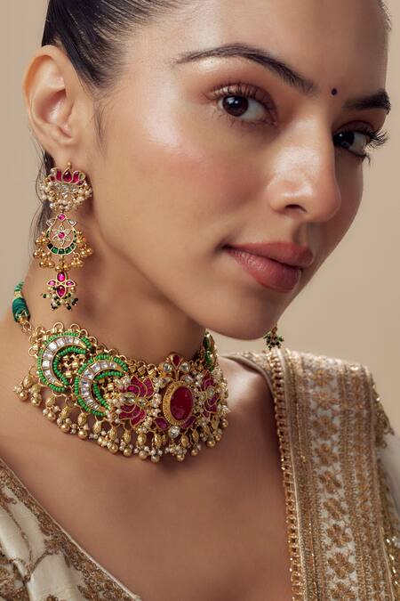 Shop_Vivinia By Vidhi Mehra_Gold Plated Imitation Diamonds Kundan Polki Designer Jewellery Set _Online_at_Aza_Fashions