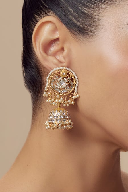 Shop_Vivinia By Vidhi Mehra_Gold Plated Kundan Polki Jhumkas _Online_at_Aza_Fashions