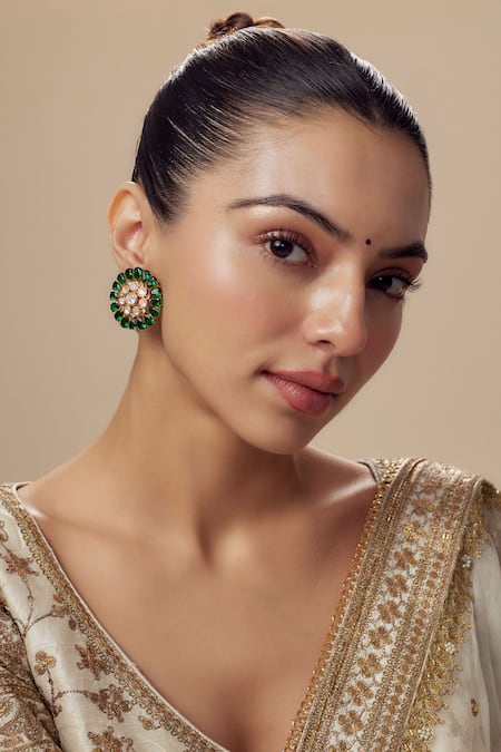 Vivinia By Vidhi Mehra Gold Plated Crystals And Green Kundan Polki Stud Earrings 