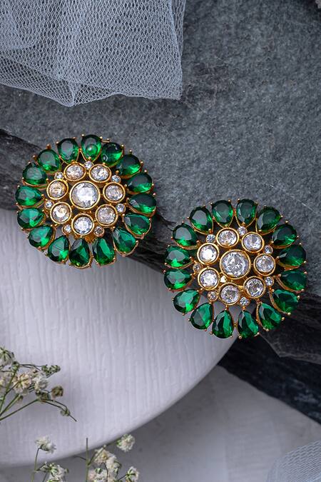 Shop Vivinia By Vidhi Mehra Gold Plated Crystals And Green Kundan Polki Stud Earrings at Aza Fashions Shop_Vivinia By Vidhi Mehra_Gold Plated Crystals And Green Kundan Polki Stud Earrings _at_Aza_Fashions