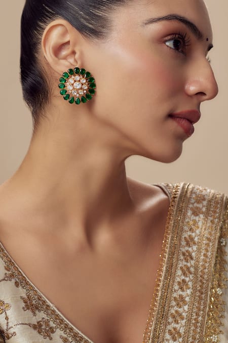 Shop Vivinia By Vidhi Mehra Gold Plated Crystals And Green Kundan Polki Stud Earrings Online at Aza Fashions Shop_Vivinia By Vidhi Mehra_Gold Plated Crystals And Green Kundan Polki Stud Earrings _Online_at_Aza_Fashions
