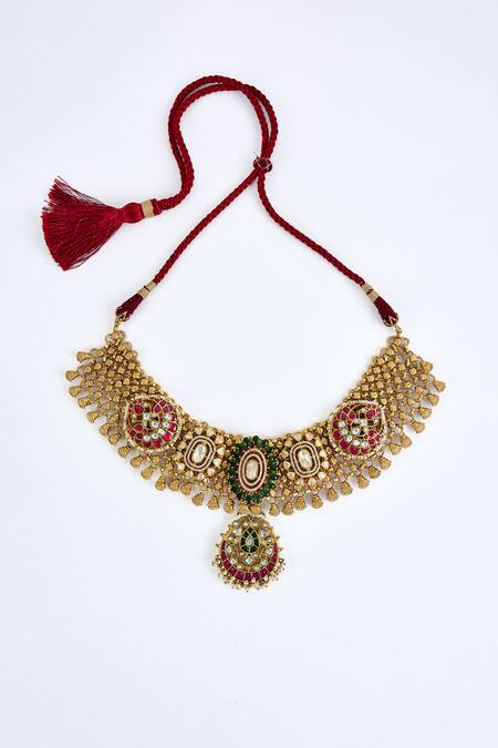 Shop_Vivinia By Vidhi Mehra_Gold Plated Zari Kundan Polki Necklace Set _Online_at_Aza_Fashions