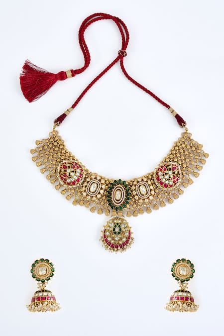 VIVINIA by Vidhi Mehra Gold Plated Zari Kundan Polki Necklace Set 