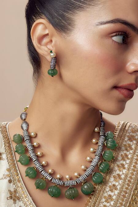 Vivinia By Vidhi Mehra_Green Imitation Diamonds Kundan Polki Necklace And Earring Set _at_Aza_Fashions