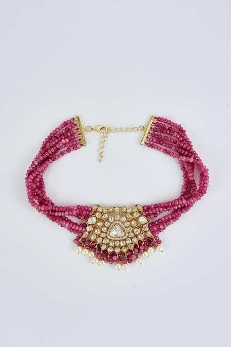 Vivinia By Vidhi Mehra_Gold Plated Imitation Diamonds And Pink Kundan Polki Jewellery Set _Online_at_Aza_Fashions