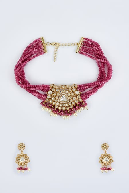 Buy_Vivinia By Vidhi Mehra_Gold Plated Imitation Diamonds And Pink Kundan Polki Jewellery Set _Online_at_Aza_Fashions