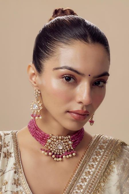 Vivinia By Vidhi Mehra Gold & Pink Kundan Polki Jewellery Set 