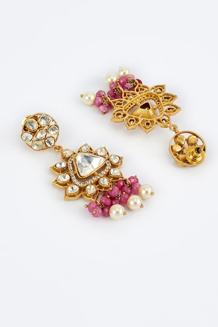 Shop_Vivinia By Vidhi Mehra_Gold Plated Imitation Diamonds And Pink Kundan Polki Jewellery Set _Online_at_Aza_Fashions