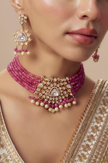 Vivinia By Vidhi Mehra_Gold Plated Imitation Diamonds And Pink Kundan Polki Jewellery Set _at_Aza_Fashions