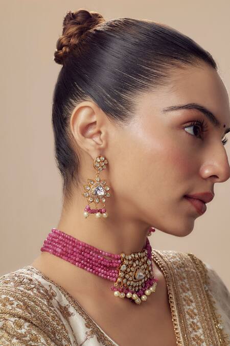 Buy_Vivinia By Vidhi Mehra_Gold Plated Imitation Diamonds And Pink Kundan Polki Jewellery Set 