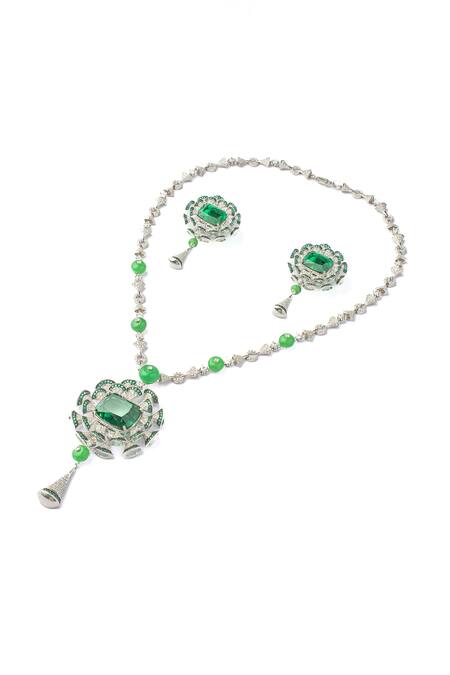Vivinia By Vidhi Mehra Silver Plated Zari Designer Green Jewellery Set Online at Aza Fashions Vivinia By Vidhi Mehra_Silver Plated Zari Designer Green Jewellery Set _Online_at_Aza_Fashions