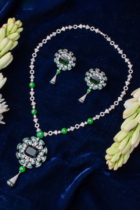 Shop Vivinia By Vidhi Mehra Silver Plated Zari Designer Green Jewellery Set at Aza Fashions Shop_Vivinia By Vidhi Mehra_Silver Plated Zari Designer Green Jewellery Set _at_Aza_Fashions
