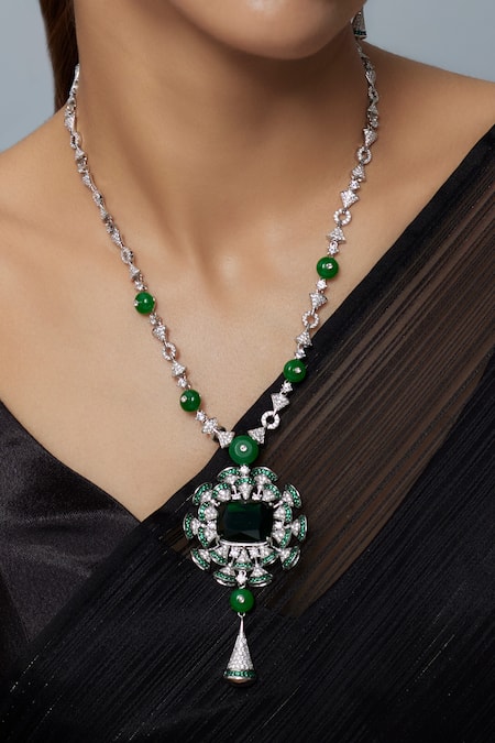 Shop Vivinia By Vidhi Mehra Silver Plated Zari Designer Green Jewellery Set Shop_Vivinia By Vidhi Mehra_Silver Plated Zari Designer Green Jewellery Set