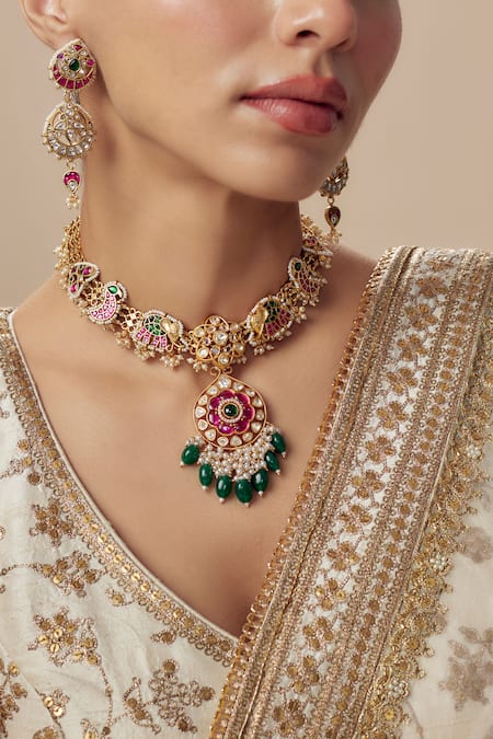 Buy_Vivinia By Vidhi Mehra_Gold Plated Imitation Diamonds Designer Kundan Polki Jewellery Set 