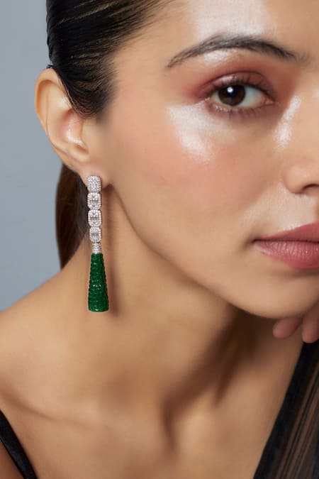 Shop_Vivinia By Vidhi Mehra_Silver Plated Zari And Green Dangler Earrings _Online_at_Aza_Fashions
