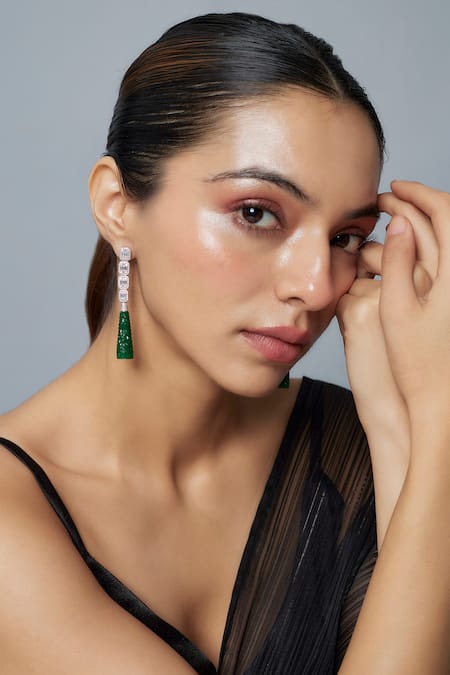 Vivinia By Vidhi Mehra Silver & Green Dangler Earrings 