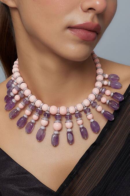 Shop Vivinia By Vidhi Mehra Pink Beaded And Purple Contemporary Necklace Online at Aza Fashions Shop_Vivinia By Vidhi Mehra_Pink Beaded And Purple Contemporary Necklace _Online_at_Aza_Fashions
