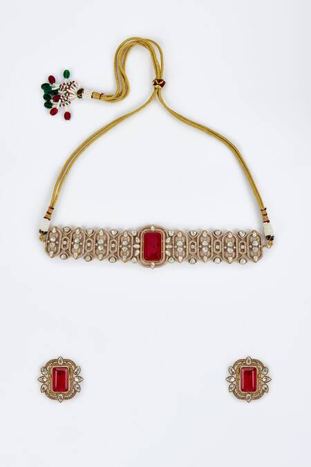 Shop_Vivinia By Vidhi Mehra_Gold Plated Kundan Polki Necklace And Earring Set_Online_at_Aza_Fashions