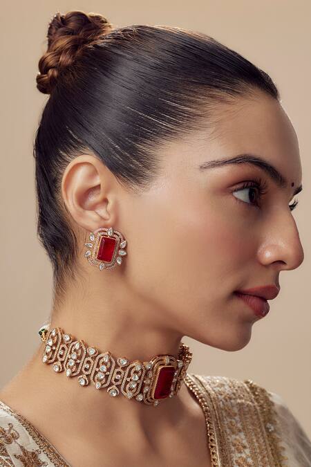 Vivinia By Vidhi Mehra_Gold Plated Kundan Polki Necklace And Earring Set_at_Aza_Fashions