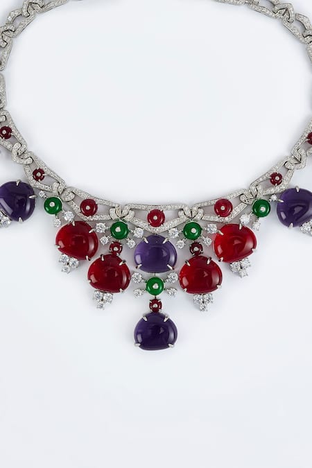 Vivinia By Vidhi Mehra_Silver Plated Contemporary Multi Stone Necklace _Online_at_Aza_Fashions