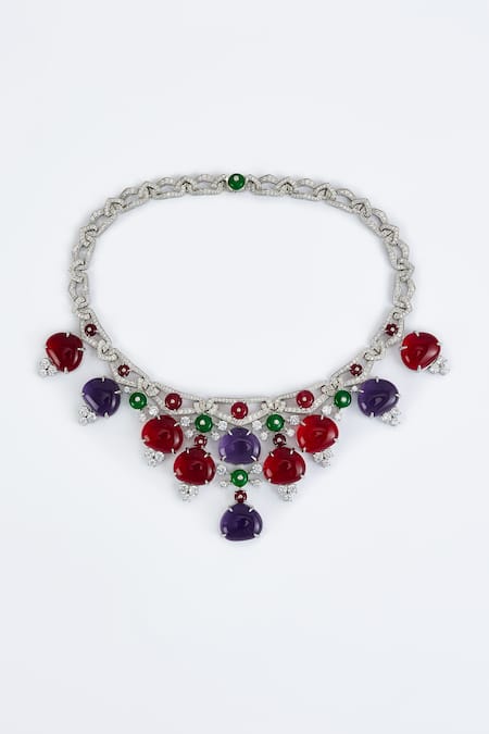 Buy_Vivinia By Vidhi Mehra_Silver Plated Contemporary Multi Stone Necklace _Online_at_Aza_Fashions