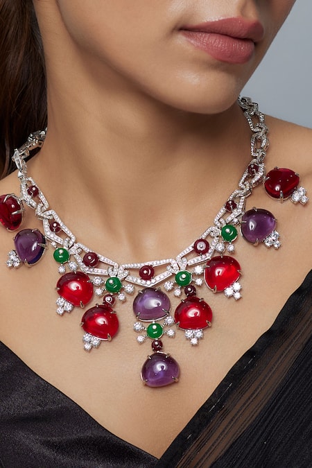 Shop_Vivinia By Vidhi Mehra_Silver Plated Contemporary Multi Stone Necklace _Online_at_Aza_Fashions