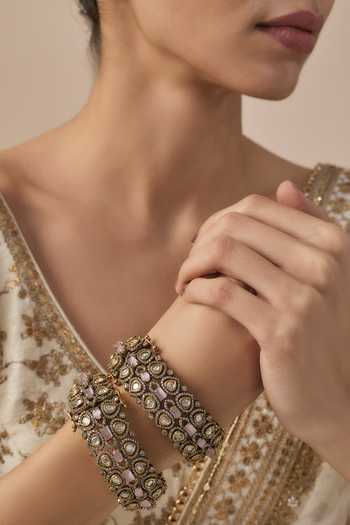 Shop Vivinia By Vidhi Mehra Gold Plated Imitation Diamonds And Pink Kundan Polki Bangles Online at Aza Fashions Shop_Vivinia By Vidhi Mehra_Gold Plated Imitation Diamonds And Pink Kundan Polki Bangles _Online_at_Aza_Fashions
