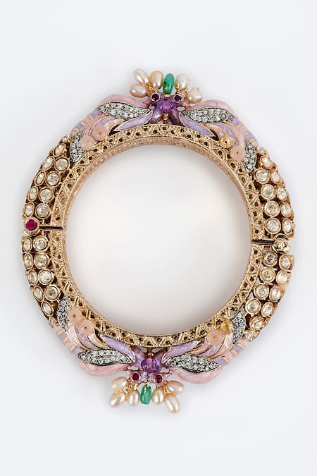 Buy_Vivinia By Vidhi Mehra_Gold Plated And Pink Kundan Polki Designer Bangle _Online_at_Aza_Fashions