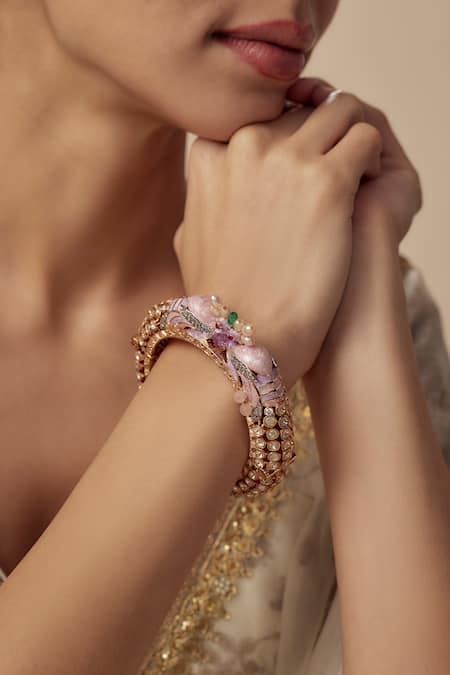 Shop_Vivinia By Vidhi Mehra_Gold Plated And Pink Kundan Polki Designer Bangle _Online_at_Aza_Fashions