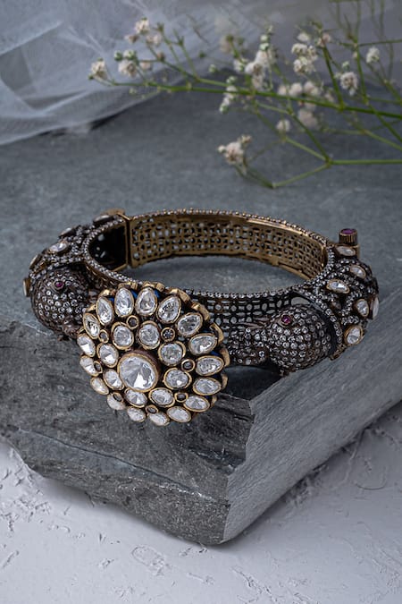 Shop Vivinia By Vidhi Mehra Silver Plated Zari Designer Zircon Embellished Bangle at Aza Fashions Shop_Vivinia By Vidhi Mehra_Silver Plated Zari Designer Zircon Embellished Bangle _at_Aza_Fashions