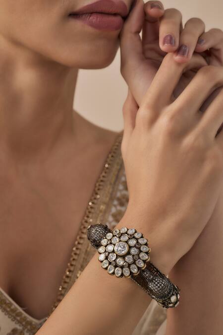 Shop Vivinia By Vidhi Mehra Silver Plated Zari Designer Zircon Embellished Bangle Online at Aza Fashions Shop_Vivinia By Vidhi Mehra_Silver Plated Zari Designer Zircon Embellished Bangle _Online_at_Aza_Fashions