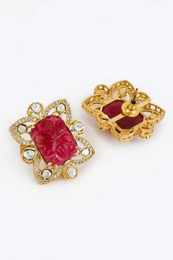 Vivinia By Vidhi Mehra_Gold Plated Zari Green Kundan Polki Necklace And Earring Set _Online_at_Aza_Fashions