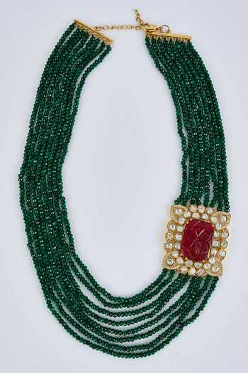 Buy_Vivinia By Vidhi Mehra_Gold Plated Zari Green Kundan Polki Necklace And Earring Set _Online_at_Aza_Fashions