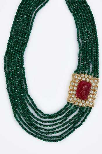 Shop_Vivinia By Vidhi Mehra_Gold Plated Zari Green Kundan Polki Necklace And Earring Set _Online_at_Aza_Fashions